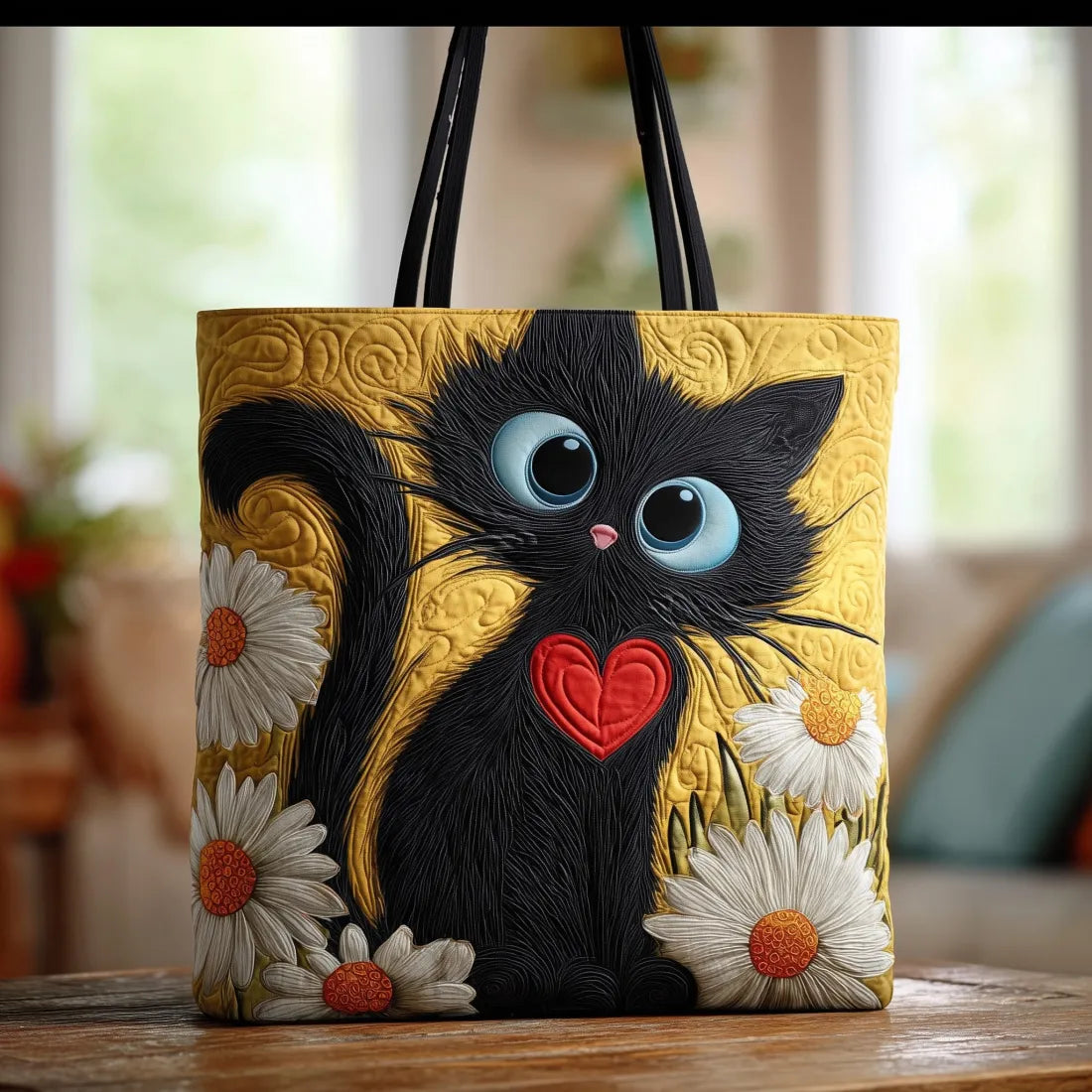 Käsintehty Chat Noir -laukku sydämellä ja päivänkakkaroilla