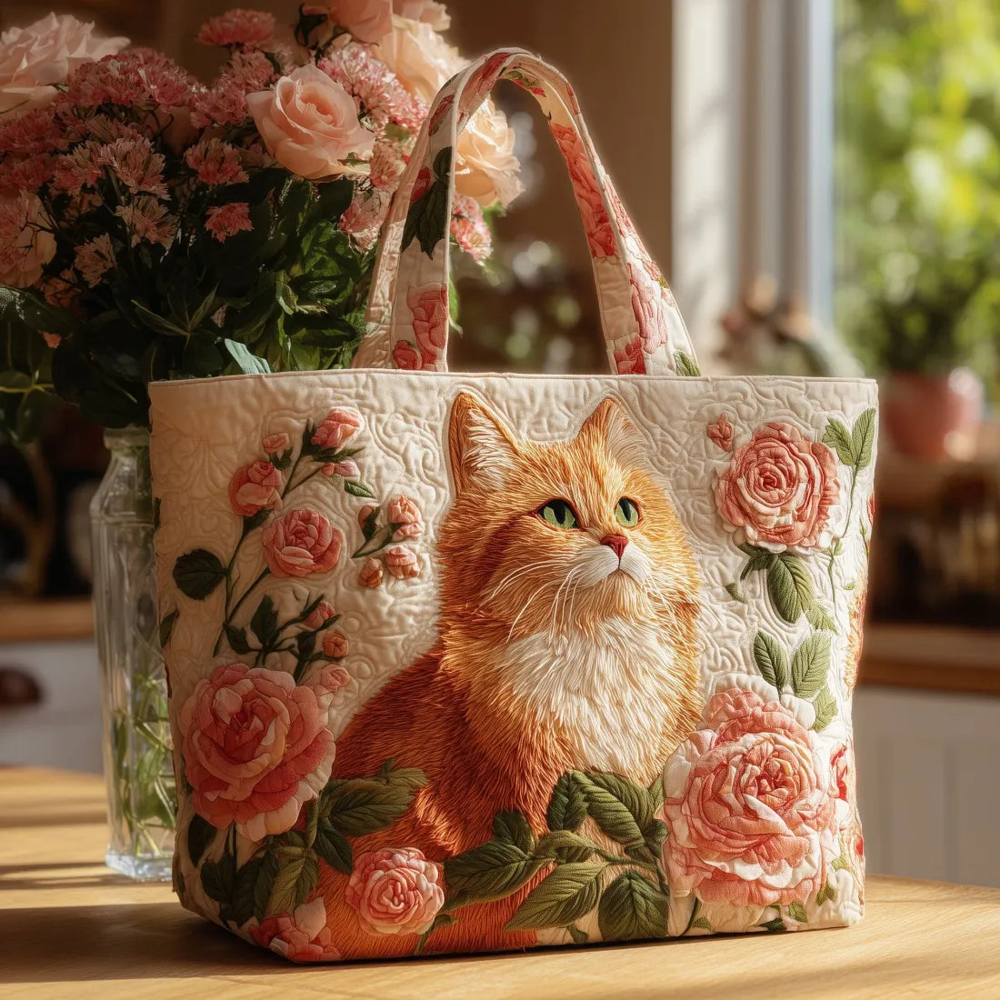 Käsintehty Chat Roux -laukku vaaleanpunaisilla ruusuilla