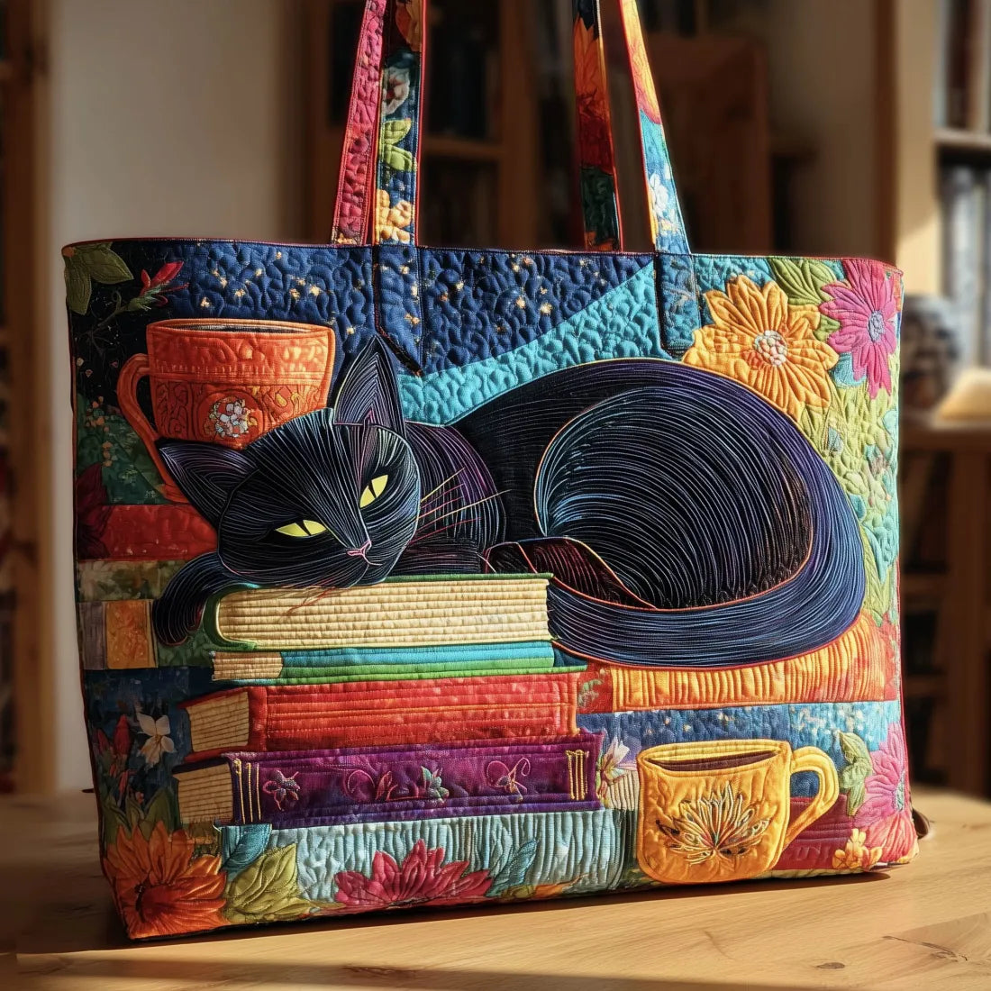 Käsintehty Chat Noir -tote-laukku kirjoilla ja kupeilla
